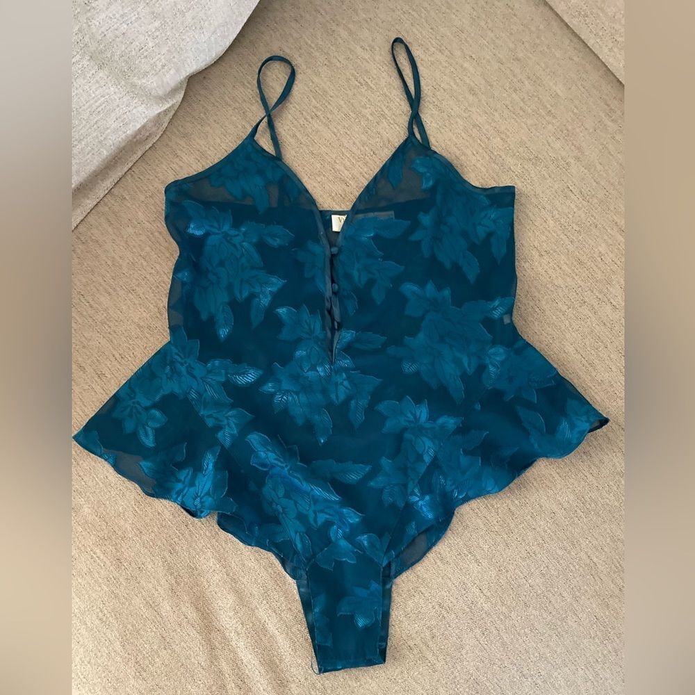 Vintage 80s Victorias Secret Floral Velvet Teddy Bodysuit Size Small Dark Teal